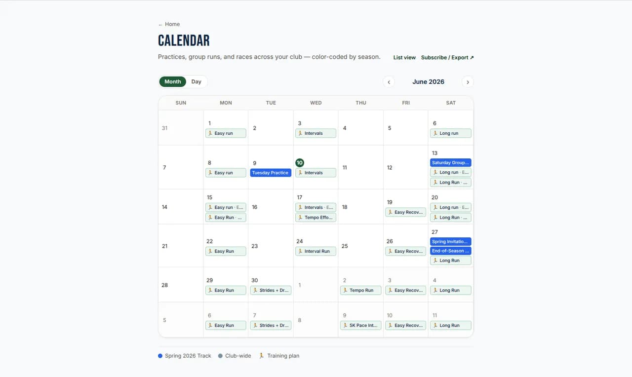 The Running Legacy club calendar: a month of practices, group runs, and races color-coded by season, with training-plan sessions on most days.